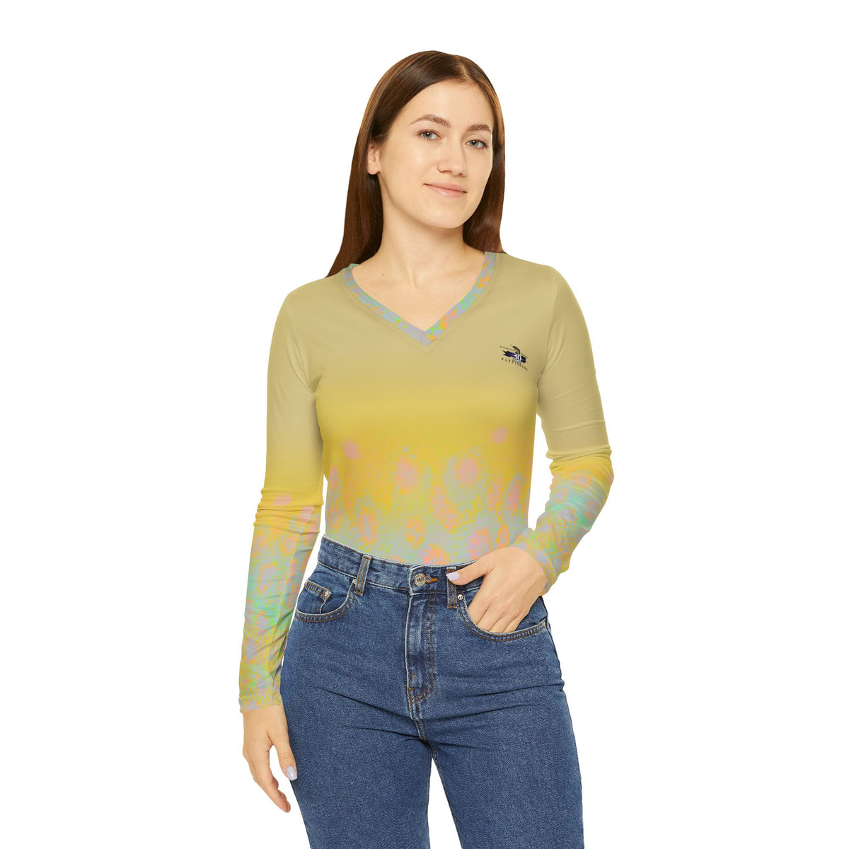 All Over Prints Colorado Women Flyfishers Brown Trout V-Neck Long Sleeve Salt Skins Apparel