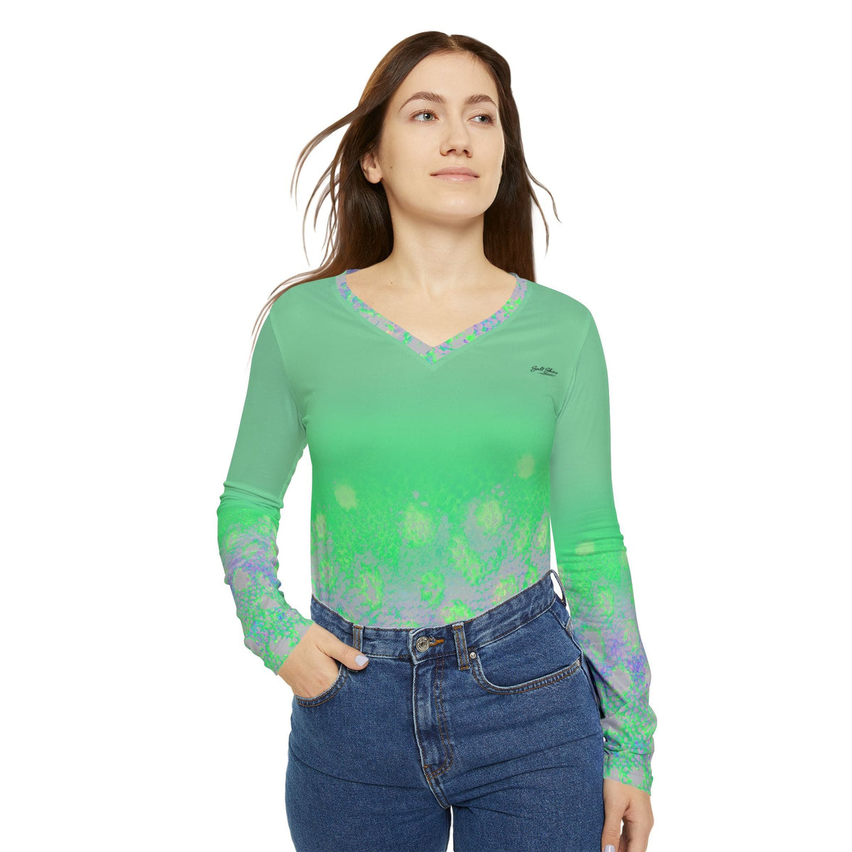 All Over Prints Colorado Women Flyfishers Green Brown Trout V-Neck Long Sleeve by Salt Skins Salt Skins Apparel