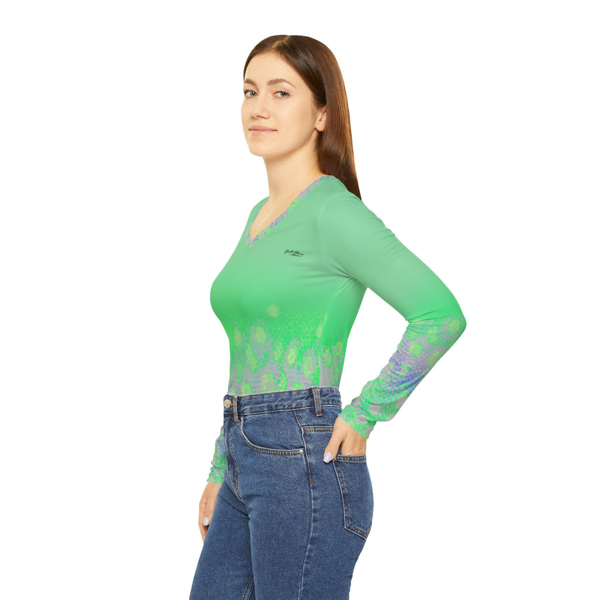 All Over Prints Colorado Women Flyfishers Green Brown Trout V-Neck Long Sleeve by Salt Skins Salt Skins Apparel