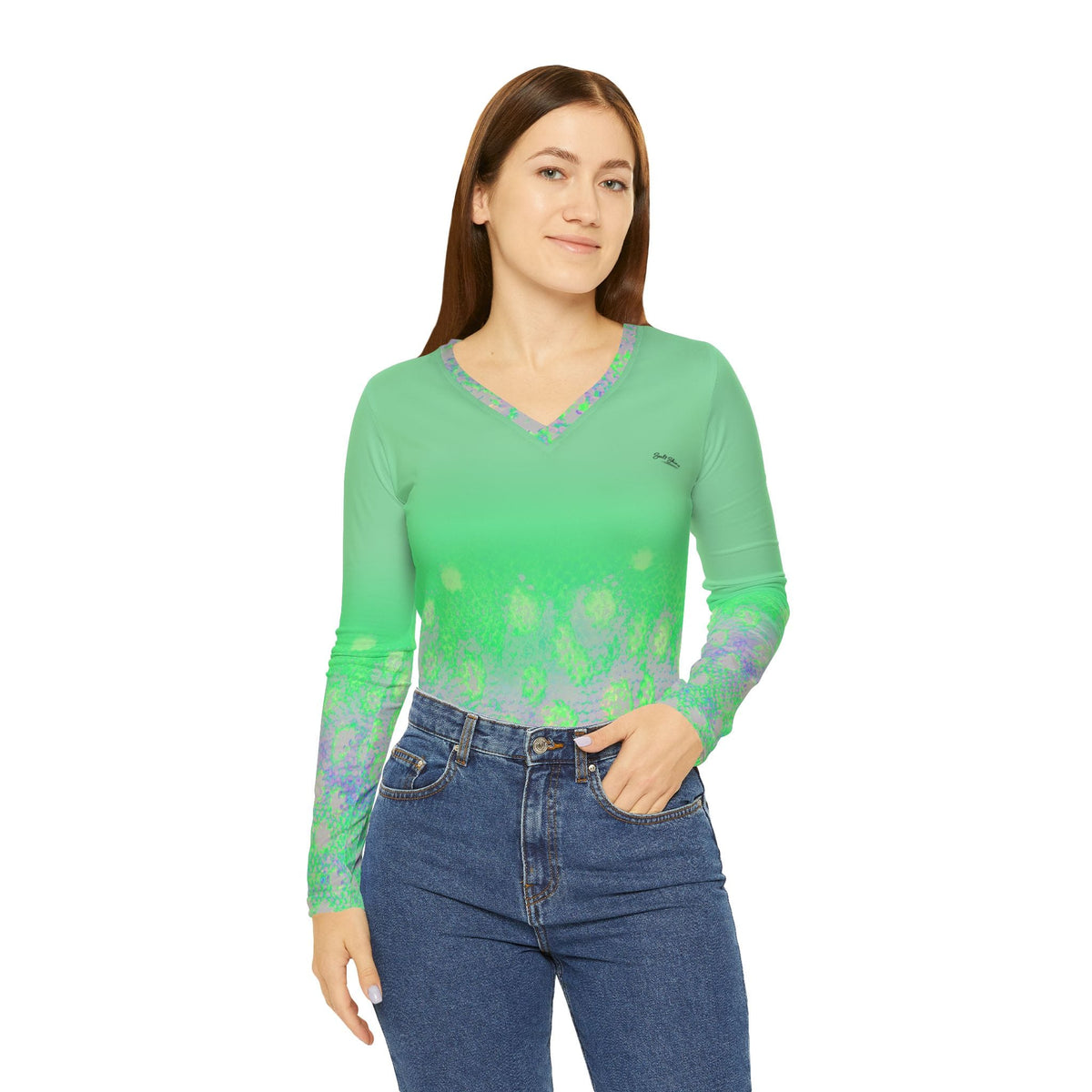 All Over Prints Colorado Women Flyfishers Green Brown Trout V-Neck Long Sleeve by Salt Skins Salt Skins Apparel