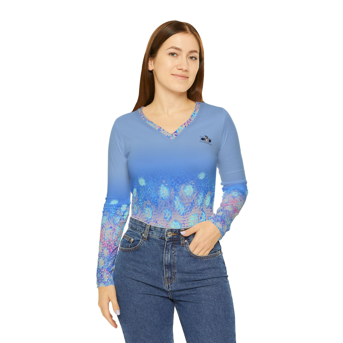 All Over Prints Colorado Women Flyfishers Purple Brown Trout V-Neck Long Sleeve by Salt Skins Salt Skins Apparel