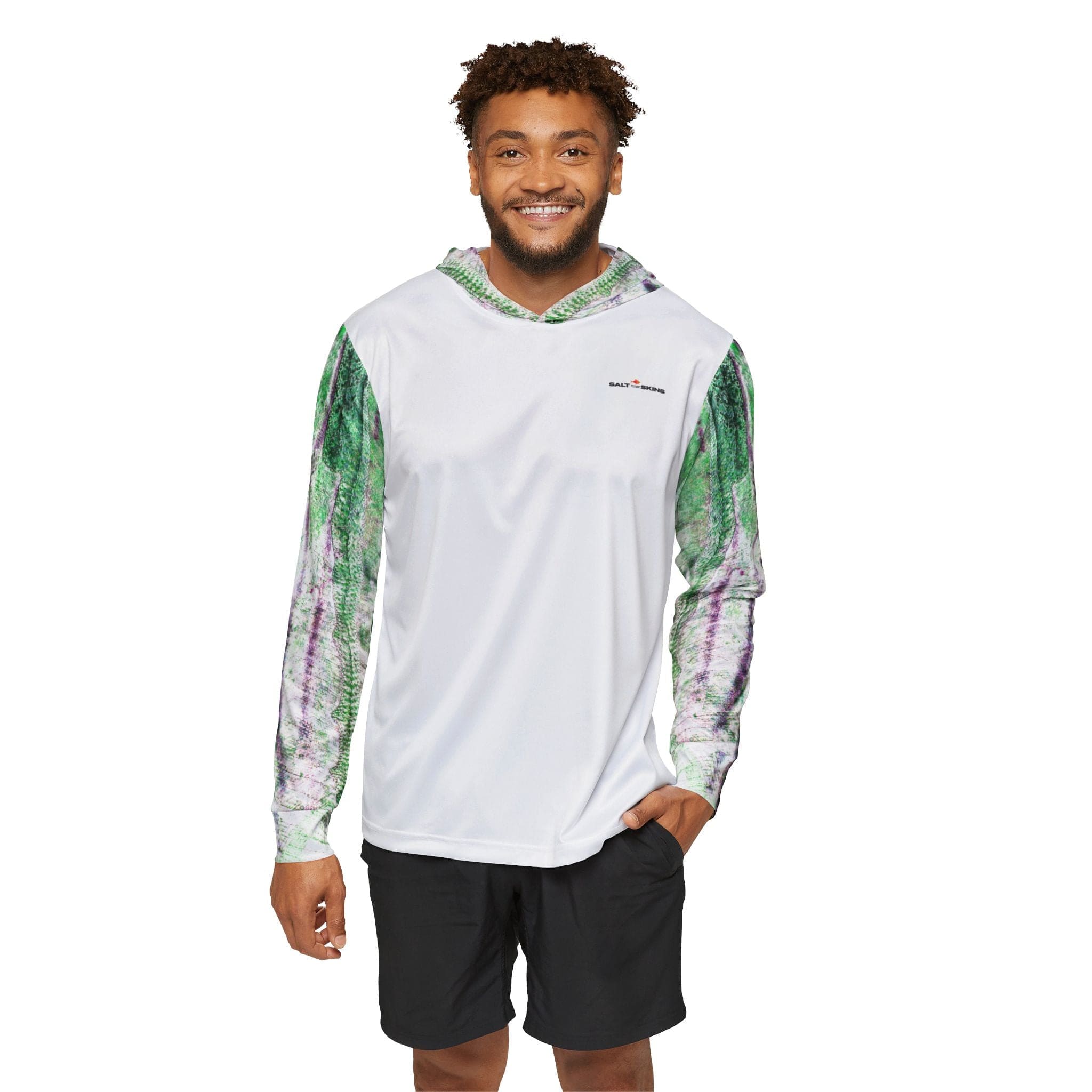 Salt Skins All Over Prints Barracuda Men's UPF +50 Long Sleeve Performance Hoodie Green