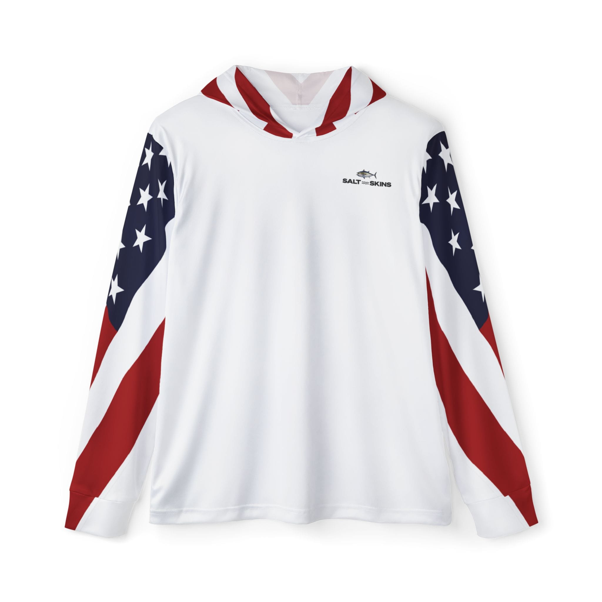 Salt Skins Men's Performance Hoodie Red, White & Blue / XS USA Fishing Team Performance Hoodie — American Flag Gradient, UPF 50+ Moisture-Wicking