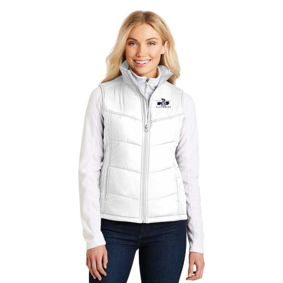 Outerwear S / White/ Dark Slate Colorado Women Flyfishers 30th Anniversary Puffy Vest in White Printify