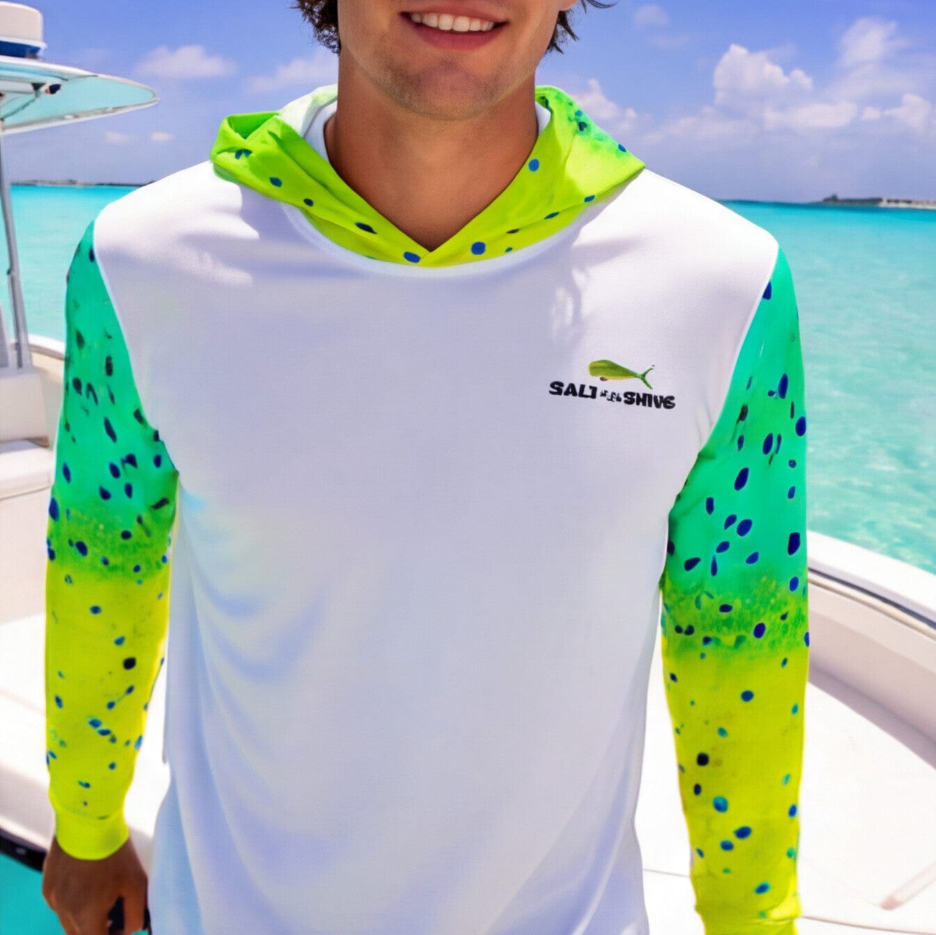 Salt Skins Men's Performance Hoodie Mahi Turquoise II Captains Series Men's Ultimate Performance Long Sleeve Fishing Shirt