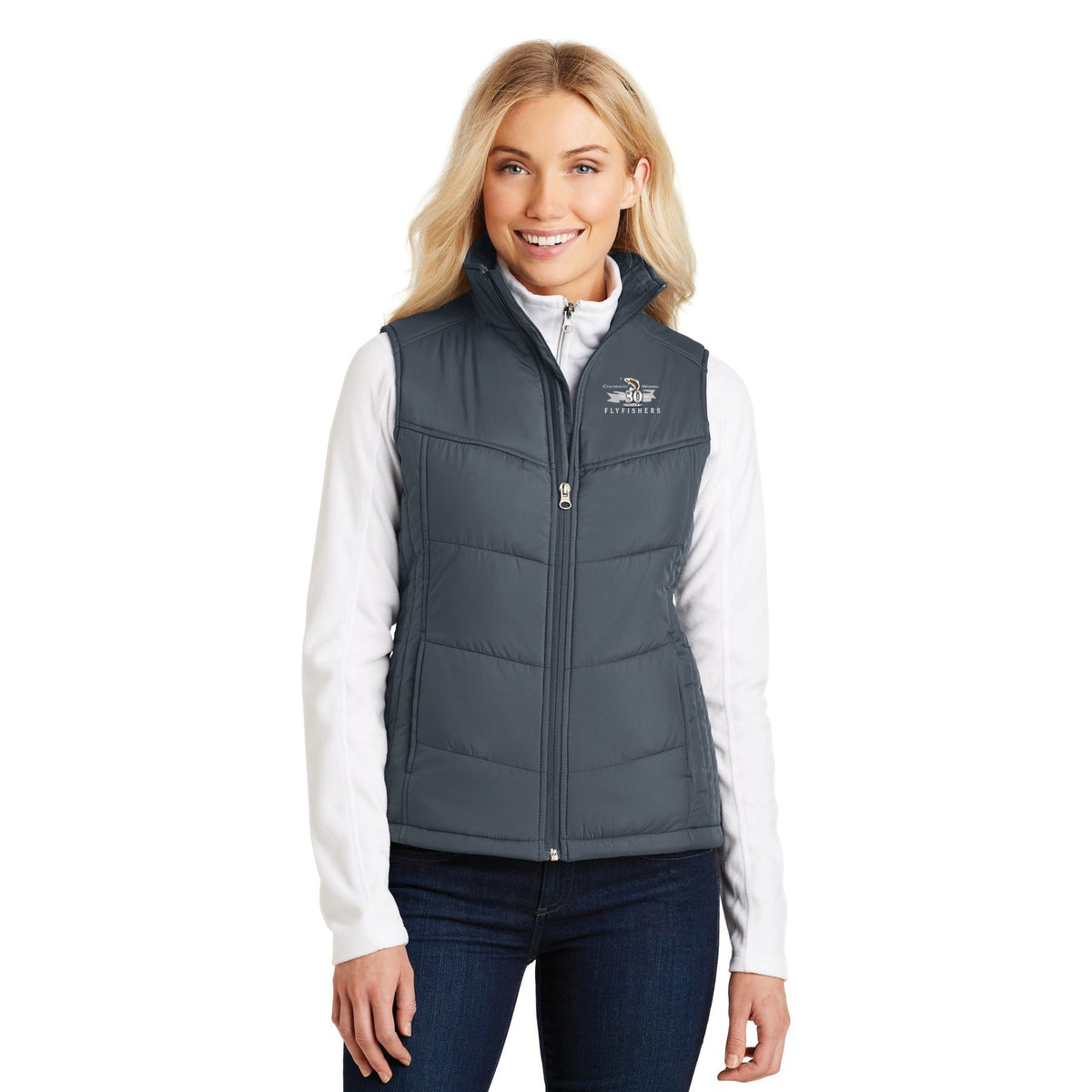Outerwear Dark Slate / XS Colorado Women Flyfishers 30th Anniversary Puffy Vest in Grey Heather & Black Printify