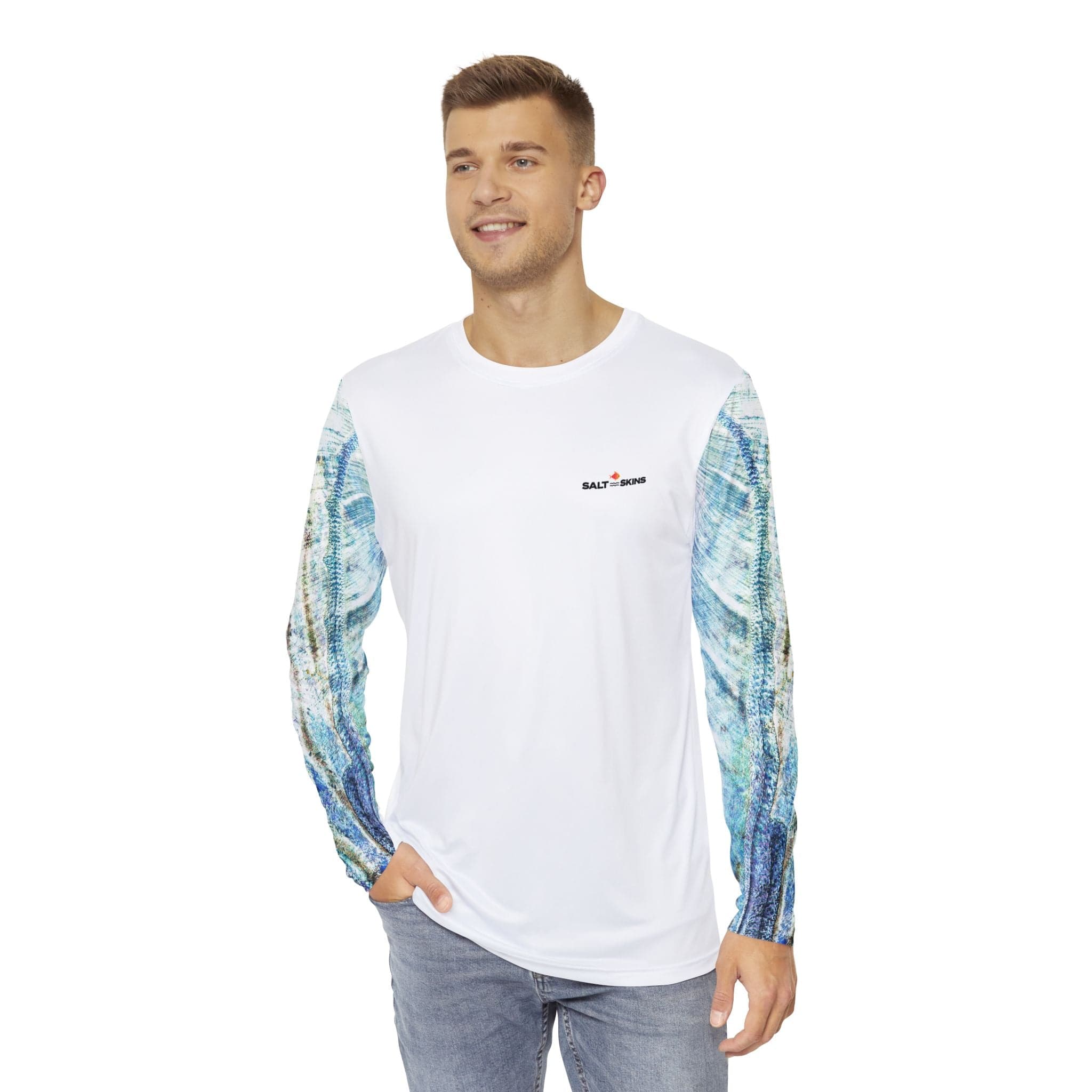 Salt Skins Men's Long Sleeve Hoodie Barracuda Long Sleeve Men's Shirt Fishing Performance Aqua Blue