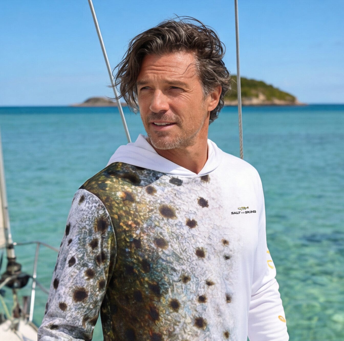 Salt Skins Men's Performance Hoodie Corvina Pintada Captains Series Men's Ultimate Performance Long Sleeve Fishing Shirt