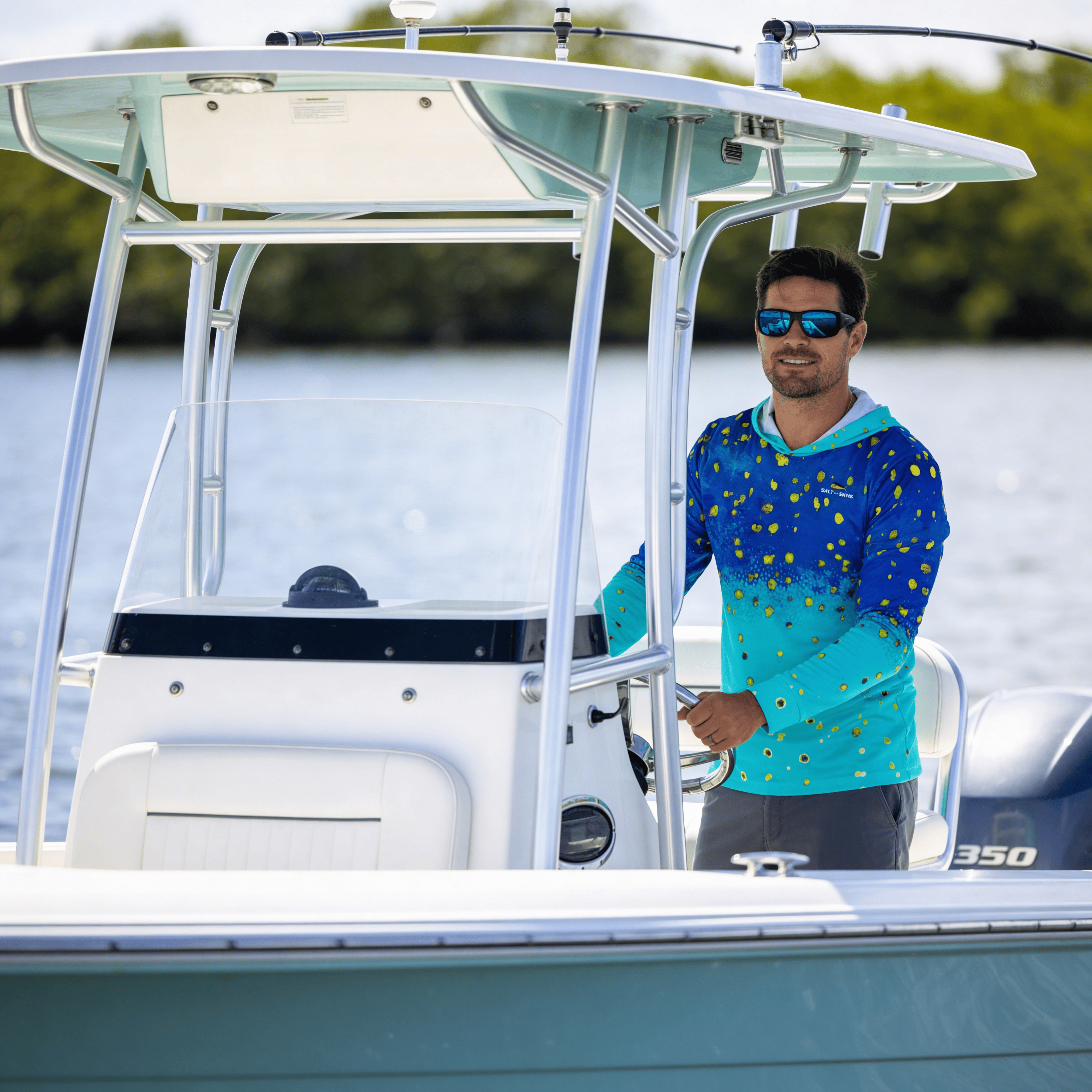 Salt Skins Men's Performance Hoodie Mahi Blue Ice Captains Series Men's Ultimate Performance Long Sleeve Fishing Shirt