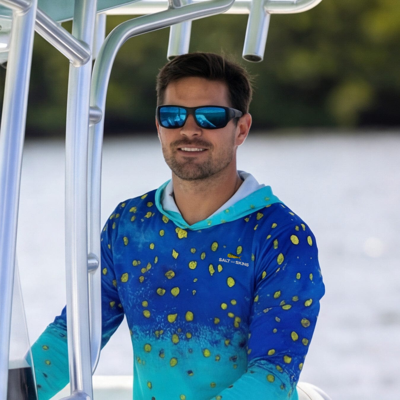 Salt Skins Men's Performance Hoodie Mahi Blue Ice Captains Series Men's Ultimate Performance Long Sleeve Fishing Shirt