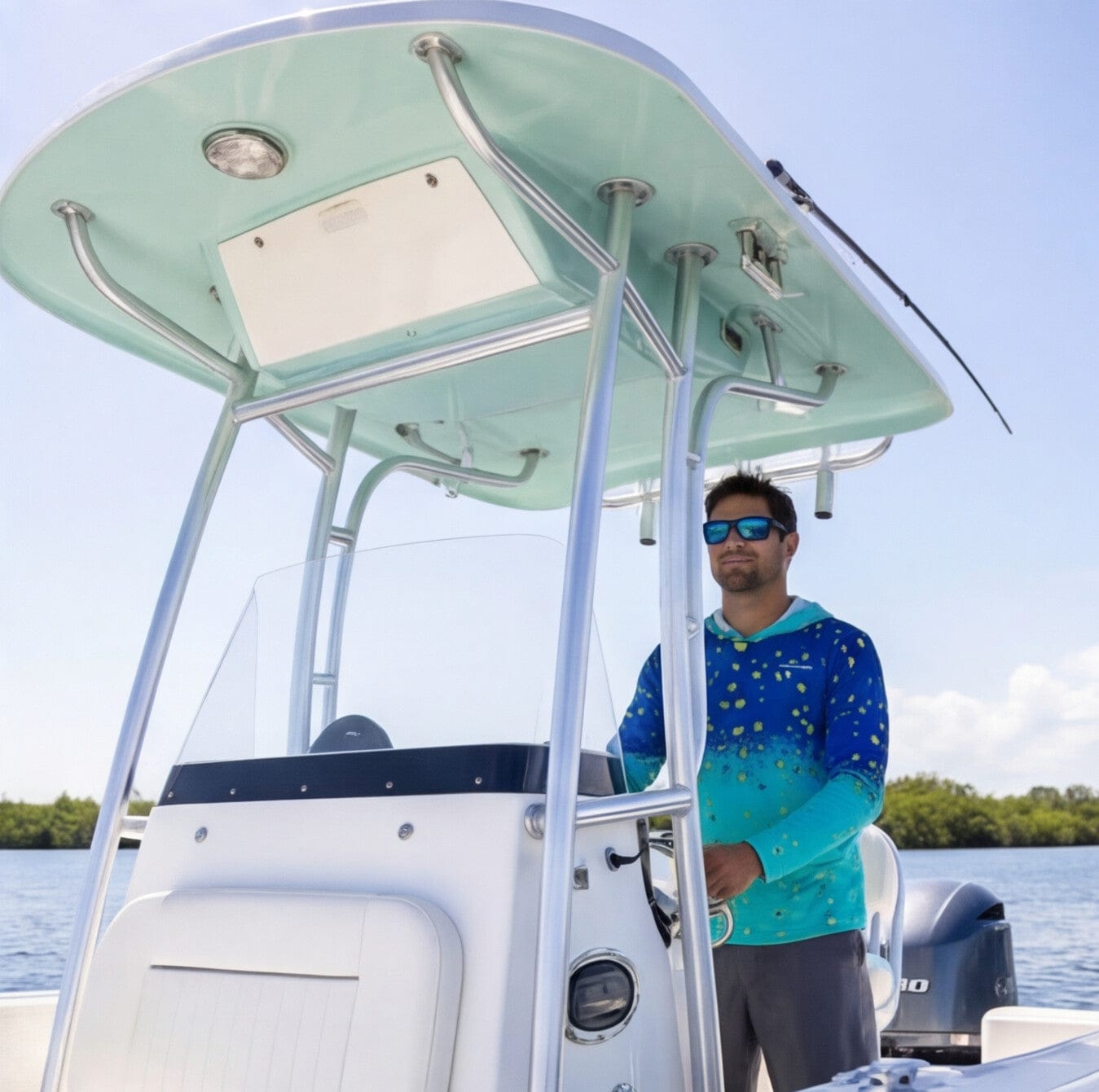 Salt Skins Men's Performance Hoodie Mahi Blue Ice Captains Series Men's Ultimate Performance Long Sleeve Fishing Shirt