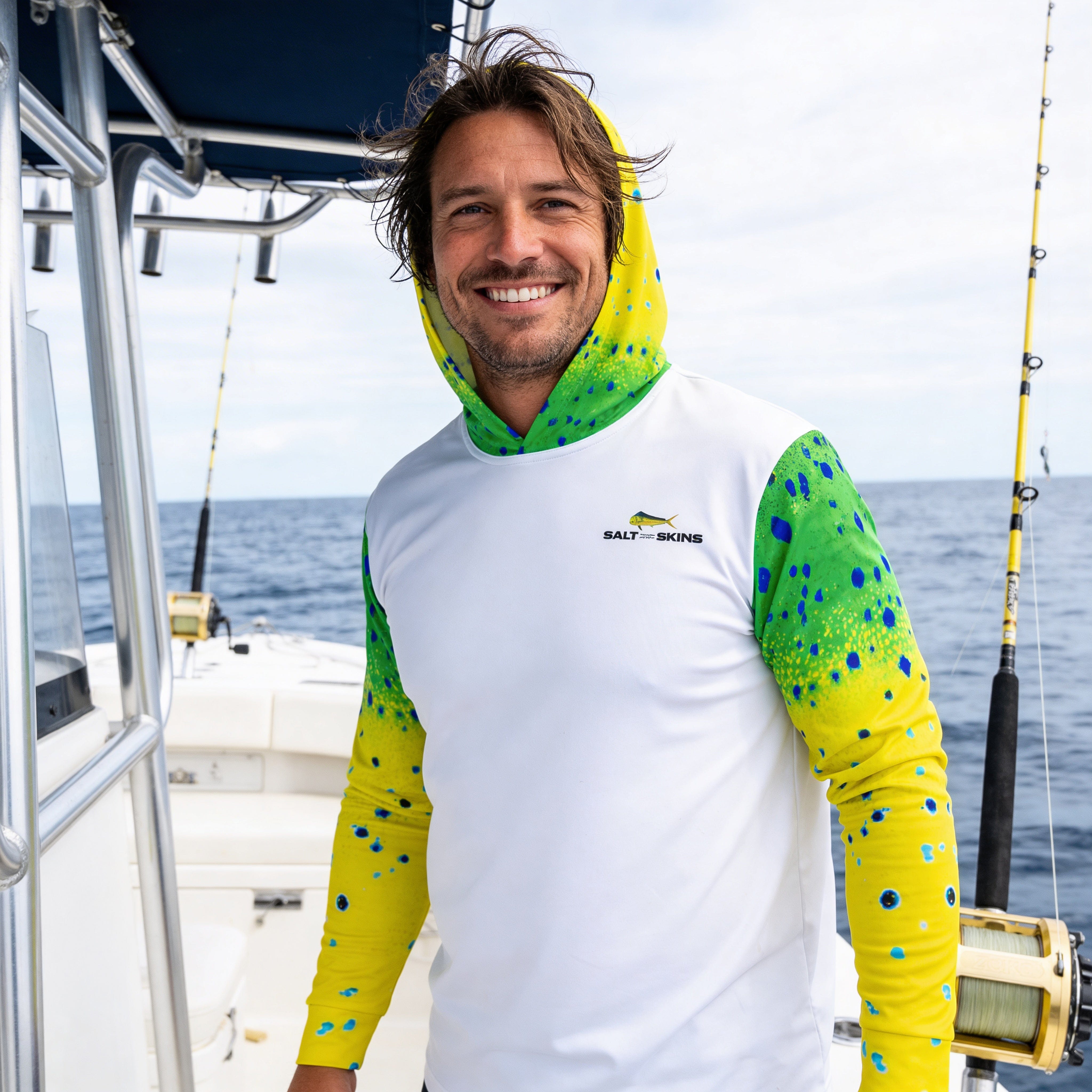 Salt Skins Men's Performance Hoodie Mahi Gold II Captains Series Men's Ultimate Performance Long Sleeve Fishing Shirt