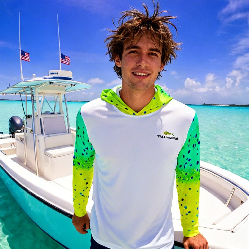 Salt Skins Men's Performance Hoodie Mahi Turquoise II Captains Series Men's Ultimate Performance Long Sleeve Fishing Shirt