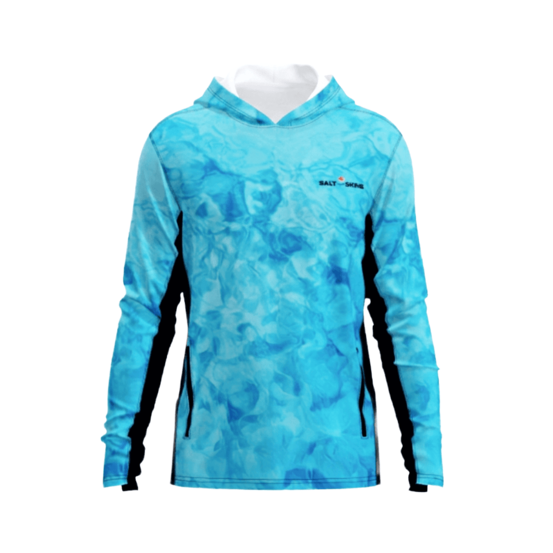 Salt Skins Men's Performance Hoodie Reef Blue Water Camo Side Vent Performance Hoodie with Pockets