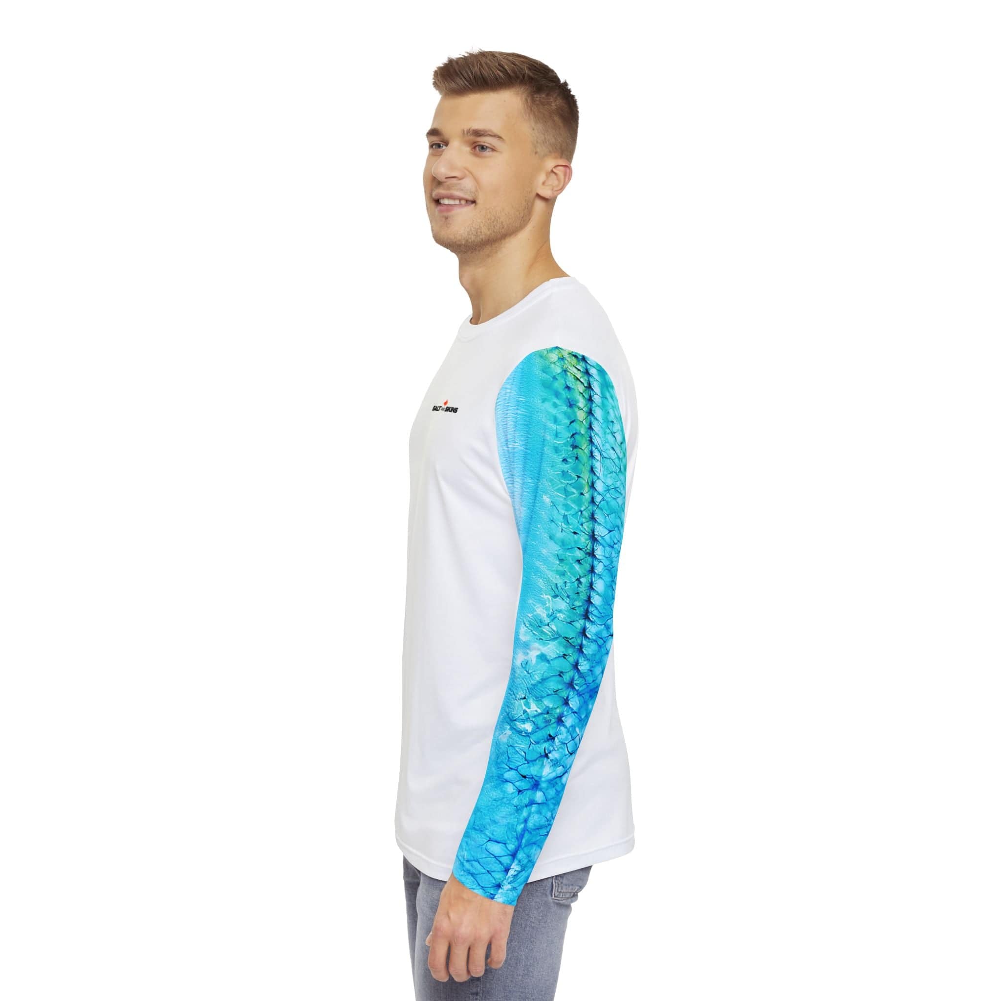 Salt Skins Men's Performance Shirt Live Bait Needed Long Sleeve Men's Fishing Shirt Aqua Blue