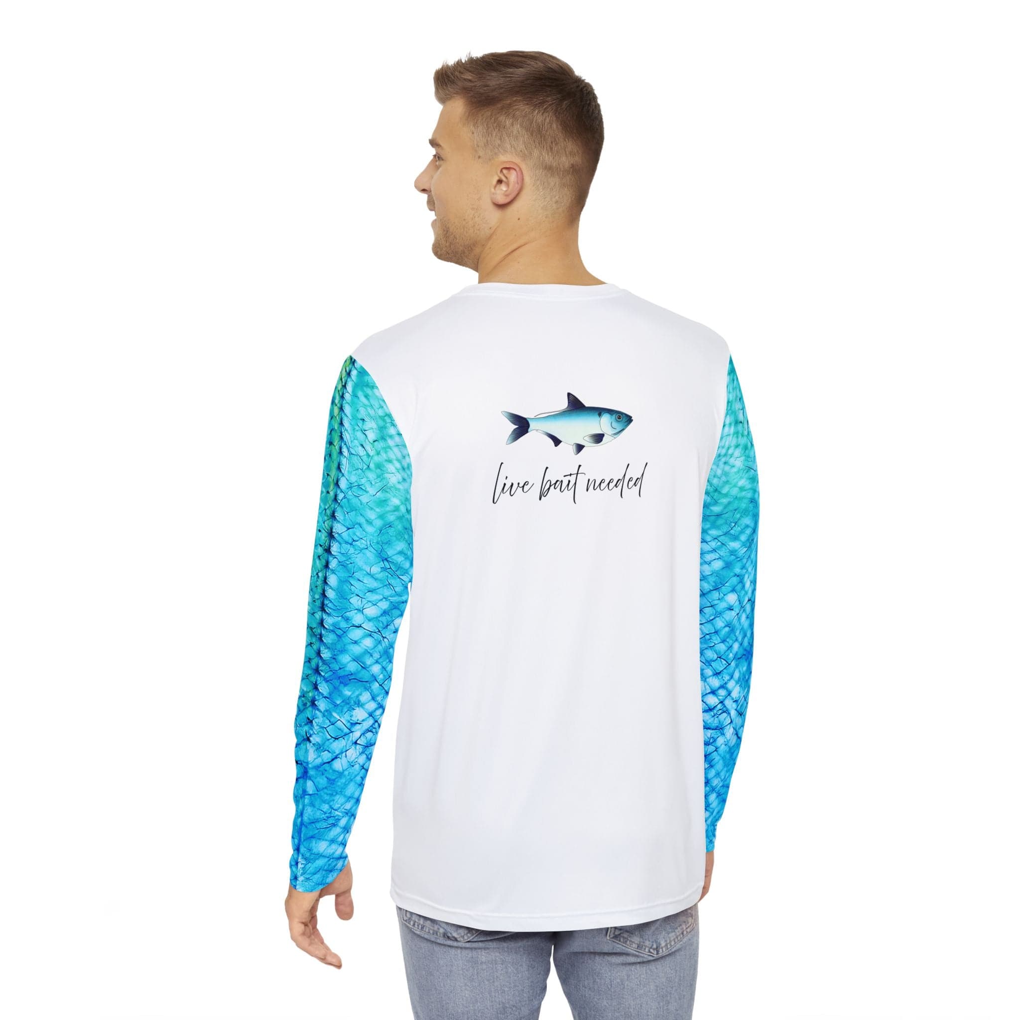 Salt Skins Men's Performance Shirt Live Bait Needed Long Sleeve Men's Fishing Shirt Aqua Blue