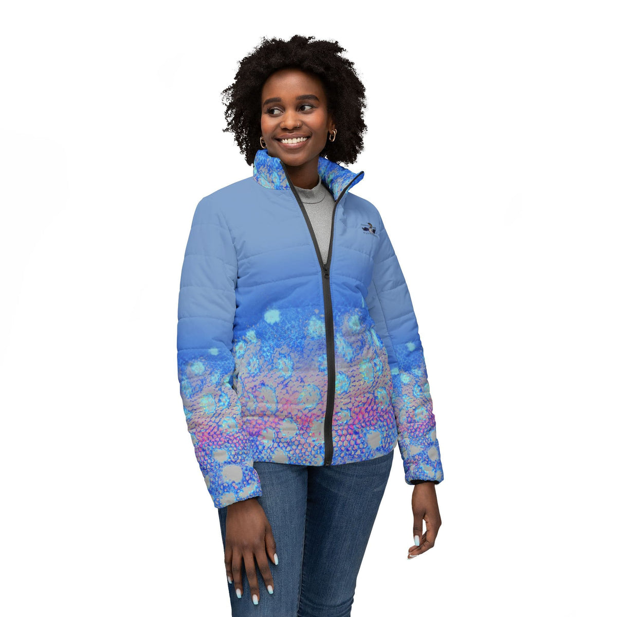 Women's Jacket Colorado Women Flyfishers Blue Bombshell Brown Trout Puffer Jacket Salt Skins Apparel