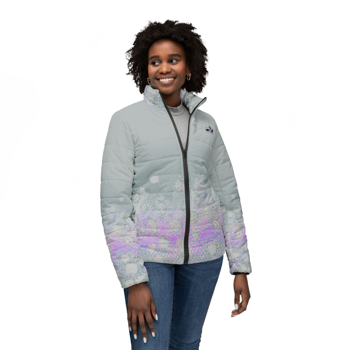 Women's Jacket Colorado Women Flyfishers Brown Trout Puffer Jacket in Grey Salt Skins Apparel